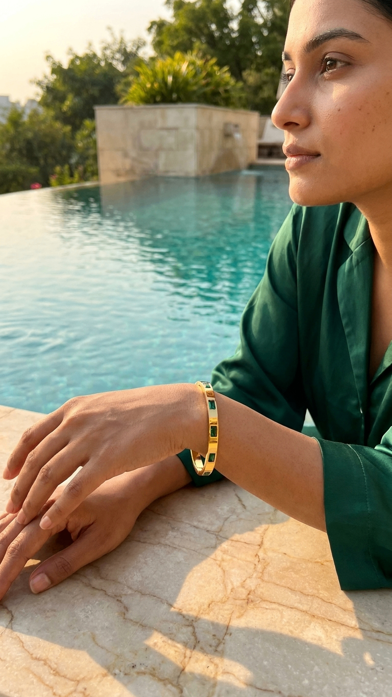 Green Studded 18K Gold Plated Kadha Bracelet