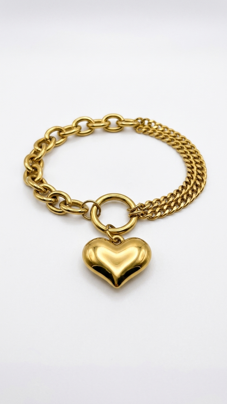 Bold Heart Charm 18K Gold Plated Bracelet